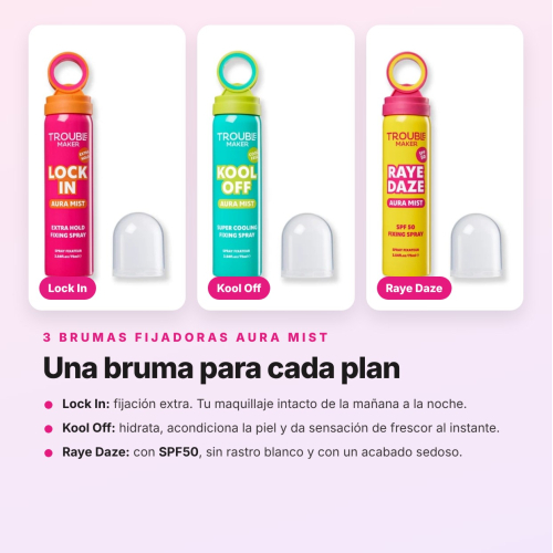 Trouble Maker - Pack 3 Brumas Fijadoras de Maquillage Lock In, Kool Off et SPF50 Raye Daze