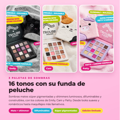 Trouble Maker x Squishmallows - Collection Complète Édition Limitée - 14 Produits : 3 Palettes de Fards à Paupières + Mascara + 3 Huiles à Lèvres + 3 Brillants à Lèvres + 4 Brumes Faciales