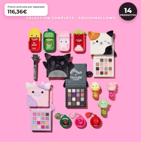 Trouble Maker x Squishmallows - Collection Complète Édition Limitée - 14 Produits : 3 Palettes de Fards à Paupières + Mascara + 3 Huiles à Lèvres + 3 Brillants à Lèvres + 4 Brumes Faciales