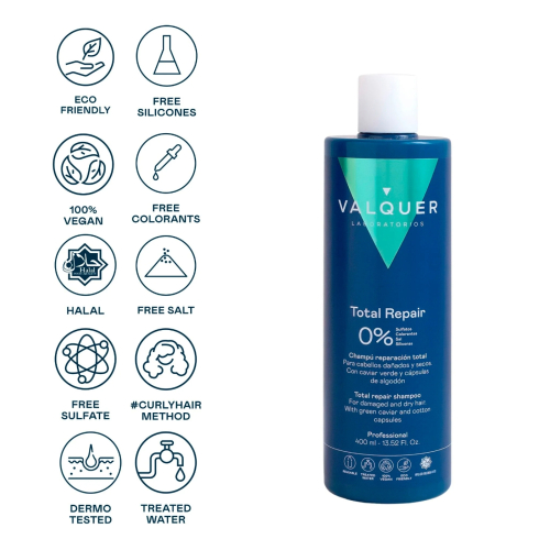 Valquer - Shampooing sans Sulfates et sans Silicone Réparation totale 400ml