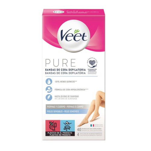 Veet - Bandes de Cire Épilatoire Jambes & Corps Pure - Peaux Sensibles (40u)